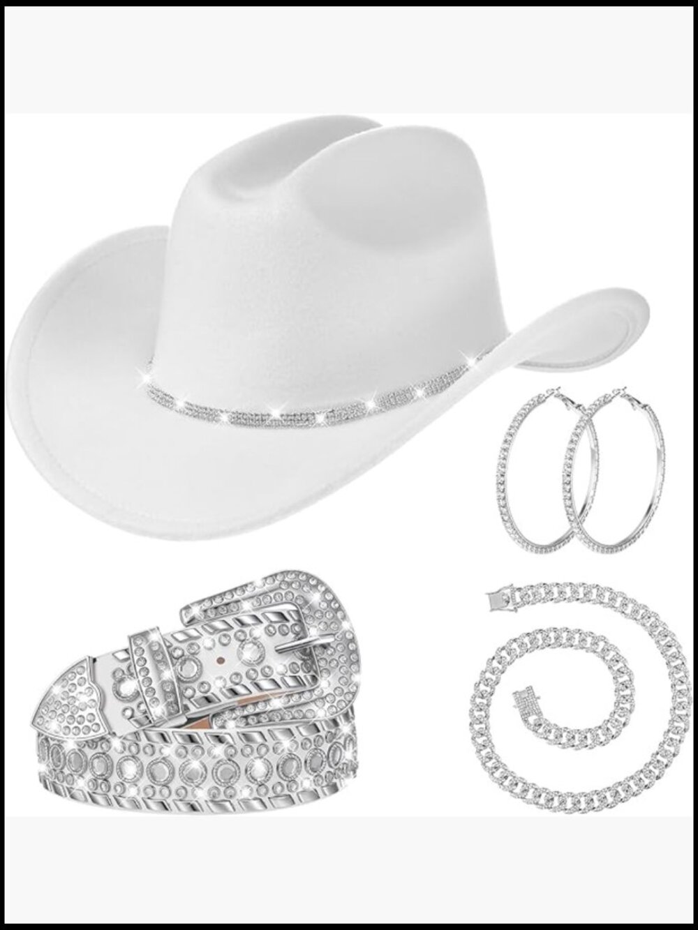 Rhinestone Cowboy Hat Belt Earrings Necklace Kit Western Outfit Accessories Set - Picture 1 of 7